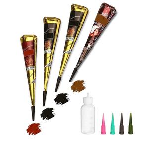 img 4 attached to 🖌️ Temporary Tattoo Set - 4 Cones, 3 Colors, 20 Adhesive Stencils, 1 Bottle, 4 Nozzles