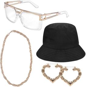 img 4 attached to Lohoee 80s/90s Women Hip Hop Costume Kit: Gold Chain, DJ Rapper 🎤 Bucket Hat, Glasses, Bamboo Hoop Earrings - Ultimate Punk Hip Hop Rapper Ensemble