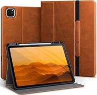 bloxflag ipad pro 12.9 2021 case with pencil holder and card pocket - brown - auto sleep/wake - vegan leather ipad pro 12.9 cover - typing angle - 5th/4th/3rd generation logo