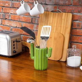 img 3 attached to Green Ceramic Cactus Utensil Holder - Countertop Kitchen Organizer, Cookware Crock