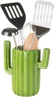 green ceramic cactus utensil holder - countertop kitchen organizer, cookware crock logo
