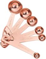 premium rose gold measuring spoons set of 6 - stainless steel, d-ring holder, measure dry and liquid ingredients logo