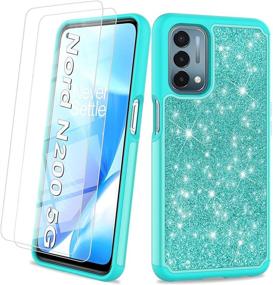 img 4 attached to Glitter Phone Case for OnePlus Nord N200 5G - Women Girls Sparkle Cell Phone Case, Light Mint Green, Dual Layer Hybrid Cover with Tempered Glass Screen Protectors - UNPEY