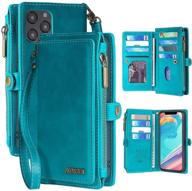 📱 mincyb case for iphone 12 pro max: 2-in-1 zipper wallet folio cover with wristlet strap in blue logo