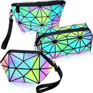 👝 set of 3 makeup bags for women - stylish travel cosmetic bag organizers with wrist strap, holographic luminous geometric design, reflective foldable toiletry bags logo