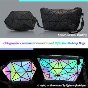 img 1 attached to 👝 Set of 3 Makeup Bags for Women - Stylish Travel Cosmetic Bag Organizers with Wrist Strap, Holographic Luminous Geometric Design, Reflective Foldable Toiletry Bags