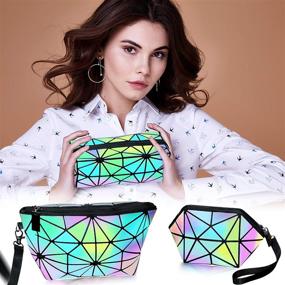 img 2 attached to 👝 Set of 3 Makeup Bags for Women - Stylish Travel Cosmetic Bag Organizers with Wrist Strap, Holographic Luminous Geometric Design, Reflective Foldable Toiletry Bags