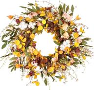 🍁 fall harvest 20-inch front door wreath with hydrangea floral, cotton, pine cone, berries, eucalyptus, and olive leaves - ideal for fall and thanksgiving decorations логотип