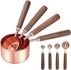 img 4 attached to Premium Rose Gold Polished Measuring Cups and Spoons Set of 8 with Walnut Wood Handle, Metric and US Measurements, Stainless Steel, Ideal for Cooking and Baking, Dry & Liquid Measuring Cup - GuDoQi