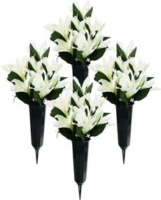 img 4 attached to 🌺 Enhance the Serenity: Set of 4 Cemetery Vases with Artificial Lily Flowers – Vibrant Colors and Vases to Select from (4, White w/Green Vase)