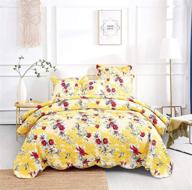 🌻 radiant sunshine yellow quilted bedspread - farmhouse floral hummingbirds coverlet set - vibrant scalloped edges with multi-colorful red flowers - twin size - 2-piece logo