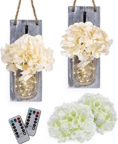 img 4 attached to 🌼 Set of 2 RS Sunlight Mason Jar Wall Sconces - Farmhouse Wall Decor Fairy Lights with String LED Lights - Rustic, Shabby Chic Gift Idea - Includes Two Remote Controls and Four Stems of Hydrangea