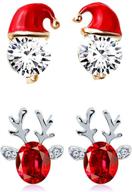 women's christmas earrings set: 2 pairs of crystal gemstone santa hat & reindeer antlers stud jewelry, perfect xmas gift for girls logo