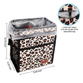 img 3 attached to Leopard Print Car Trash Can - Leak Proof & Waterproof Garbage Bag with Lid for SUV Front Seat - Multipurpose Car Hanging Accessory with Collapsible & Portable Design, Storage Mesh Pocket