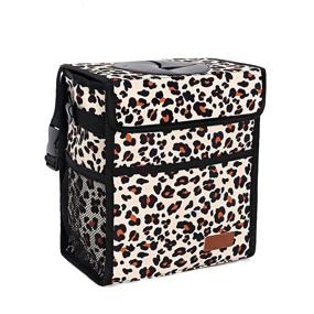 img 4 attached to Leopard Print Car Trash Can - Leak Proof & Waterproof Garbage Bag with Lid for SUV Front Seat - Multipurpose Car Hanging Accessory with Collapsible & Portable Design, Storage Mesh Pocket