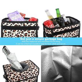 img 1 attached to Leopard Print Car Trash Can - Leak Proof & Waterproof Garbage Bag with Lid for SUV Front Seat - Multipurpose Car Hanging Accessory with Collapsible & Portable Design, Storage Mesh Pocket