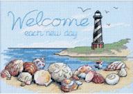 🏖️ dimensions 'welcome each new day' beach scene counted cross stitch kit - 14 count light blue aida - 7" x 5 logo