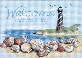 img 1 attached to 🏖️ DIMENSIONS 'Welcome Each New Day' Beach Scene Counted Cross Stitch Kit - 14 Count Light Blue Aida - 7" x 5