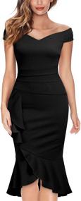 img 4 attached to Knitee Women's Off Shoulder V-Neck Ruffle Pleat Waist Bodycon Evening Cocktail Dress with Slit - Perfect for Formal Occasions