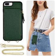 zve iphone 8 plus wallet case with crossbody chain strap, credit card holder & zipper closure - midnight green - protective leather bumper case cover for apple iphone 7 plus 8 plus, 5.5 inch logo