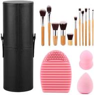 steelfever bamboo makeup brushes set with pu leather holder and makeup sponge brush cleaning mat logo