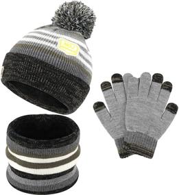 img 4 attached to Boys Winter Beanie Hat Cap with Touchscreen Gloves, Neck Warmer, 🧣 and Scarf Set - Knit Striped Design with Thick Fleece Lining and Pompom