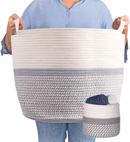 img 4 attached to Large Cotton Rope Storage Basket for Blankets and Living Room Organization - Soft, Woven Baskets | Optimal Size, Easy to Fold Rope Baskets | Safe and Non-Toxic Materials