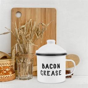 img 1 attached to 🥓 Vintage Enamelware Farmhouse Bacon Grease Container with Fine Strainer - Rustic Kitchen Counter Oil Keeper, 4x4 Inch, White - Perfect for Retro Cooking and Decor