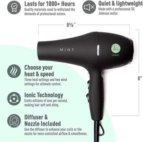 img 1 attached to 💨 BLACKBIRD Ionic Hair Blow Dryer with Diffuser by MINT: Professional Series, Whisper Quiet & Lightweight, 1875 Watts Salon-Grade Drying Power
