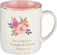 stylish christian gifts for women - elegant pink coffee mug with gold metallic accents and encouraging bible verse 'strength and dignity' proverbs 31:25 - cute 14-ounce ceramic coffee mug for her logo