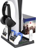 🎮 ps5 console vertical stand with headset holder, cooling fan base, and playstation 5 accessories bundle - includes 1 headphone stand, 2 controller chargers, 15 game disc slots, and 1 media remote organizer logo