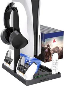 img 4 attached to 🎮 PS5 Console Vertical Stand with Headset Holder, Cooling Fan Base, and PlayStation 5 Accessories Bundle - Includes 1 Headphone Stand, 2 Controller Chargers, 15 Game Disc Slots, and 1 Media Remote Organizer