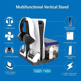 img 3 attached to 🎮 PS5 Console Vertical Stand with Headset Holder, Cooling Fan Base, and PlayStation 5 Accessories Bundle - Includes 1 Headphone Stand, 2 Controller Chargers, 15 Game Disc Slots, and 1 Media Remote Organizer