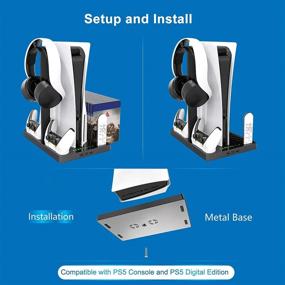 img 2 attached to 🎮 PS5 Console Vertical Stand with Headset Holder, Cooling Fan Base, and PlayStation 5 Accessories Bundle - Includes 1 Headphone Stand, 2 Controller Chargers, 15 Game Disc Slots, and 1 Media Remote Organizer
