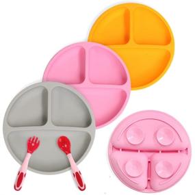 img 4 attached to 🍽️ BPA-Free Silicone Suction Plates for Babies & Toddlers - Includes Spoon Fork, Dishwasher and Microwave Safe - 3 Pack (Gray, Pink & Orange)