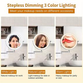 img 2 attached to 💄 Enhance your Beauty Routine with our Wall Mounted Lighted Makeup Vanity Mirror - 8 inch 1X/10X Magnifying Mirror with 3 Color Lights, Dimmable LED Lights, and 360° Swivel Extendable Design