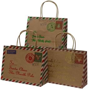 img 2 attached to Set of 24 Assorted Gift Bags, Kraft and Foil Hot-Stamp Santa Mail Designs, Medium Vogue Size in Christmas Prints - Red, Green, and Gold