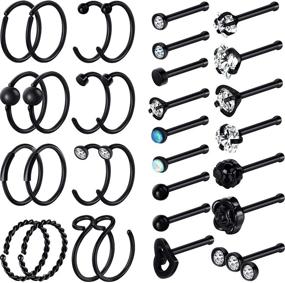 img 4 attached to 💎 Chinco 32-Piece Nose Ring Set: C-Shaped, L-Shaped, Hoop, Studs, Curved, Tragus, Cartilage Piercings - Black