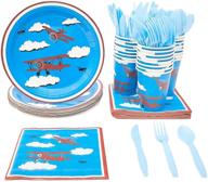 ✈️ premium airplane party supplies bundle for 24 guests - plates, cutlery, cups, napkins - ideal for kids airplane themed parties logo