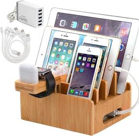 img 4 attached to Bamboo Charging Station: 5 Port USB Charger, Cables, Smart Watch & Earbuds Stand - Desk Docking Stations Electronic Organizer for Cell Phone, Tablet - Pezin & Hulin