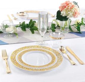 img 2 attached to 🌟 Supernal 180pcs Christmas Gold Lace Plastic Plates, Gold Silverware, Gold Plastic Cups – Disposable Party Flatware, Durable Wedding Plates and Cutlery Set