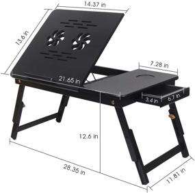 img 2 attached to 🎋 Бамбуковый ноутбук стол с складными ножками и держателем для чашек, многофункциональный обеденный поднос для кровати, завтрак стол с наклонной крышкой, ящик для хранения - черный