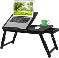 🎋 bamboo laptop desk with folding legs and cup holder, multifunctional serving bed tray, breakfast table with tilting top, storage drawer - black logo