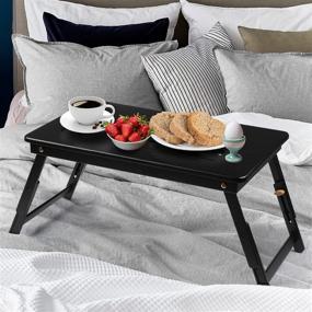 img 1 attached to 🎋 Бамбуковый ноутбук стол с складными ножками и держателем для чашек, многофункциональный обеденный поднос для кровати, завтрак стол с наклонной крышкой, ящик для хранения - черный