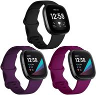 🌊 witzon 3 набор водонепроницаемых силиконовых браслетов для fitbit sense/versa 3 - женщины и мужчины, маленький размер - черный/сливовый/фуксия логотип