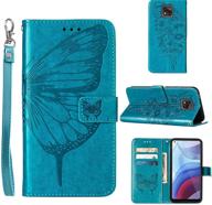 🦋 moto g power 2021 case wallet: kickstand, wrist strap & card holder slots – butterfly floral design, pu leather flip cover in blue logo