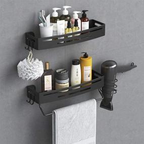 img 2 attached to 🛁 Black Wall Mounted Shower Shelf Organizer with Hooks - No Drill Storage Rack for Kitchen - 2 Pack