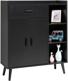 img 4 attached to Mid Century USIKEY Storage Cabinet: Stylish 1 Drawer, 2 Doors & 3 Shelves, Wooden Sideboard for Living Room, Bedroom, Home Office - Elegant Black Cupboard