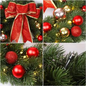 img 2 attached to 🎄 Juegoal 16 Inch Pre-Lit Christmas Wreath with Metal Hanger: Large Red Bow, Colored Balls, Warm White 40 LEDs Lights – Battery Operated X-max Decorations