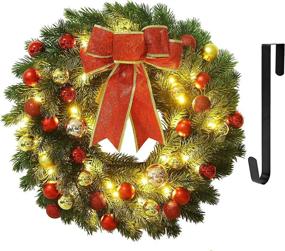 img 4 attached to 🎄 Juegoal 16 Inch Pre-Lit Christmas Wreath with Metal Hanger: Large Red Bow, Colored Balls, Warm White 40 LEDs Lights – Battery Operated X-max Decorations